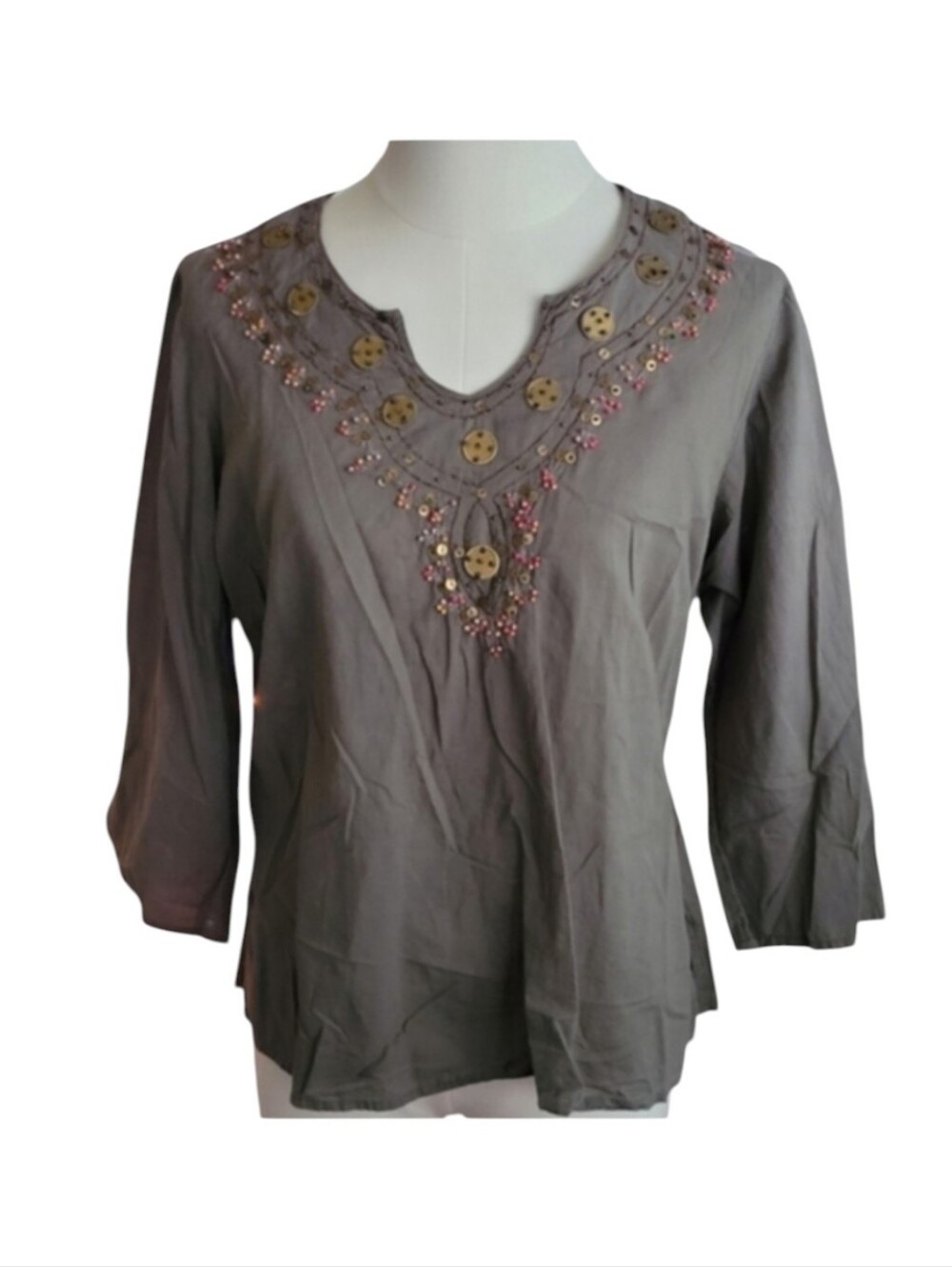 Vintage J.Gee Bohemian Ethnic Gray Beaded and Embroidered 100% Cotton Size XL